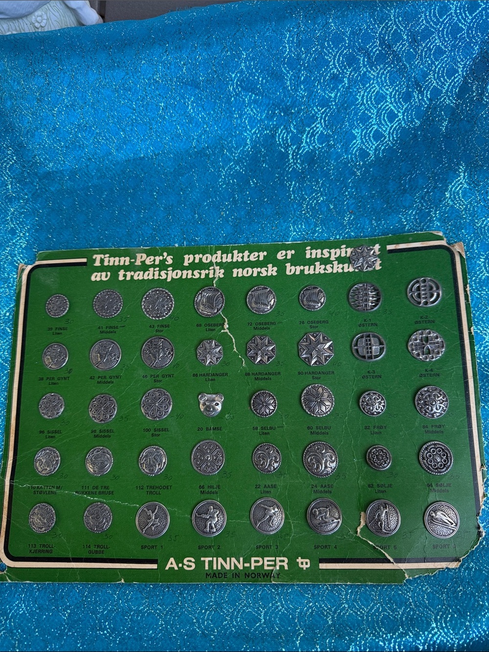 Vintage Tinn-Per Norway Pewter Button Sample Display Board Norwegian